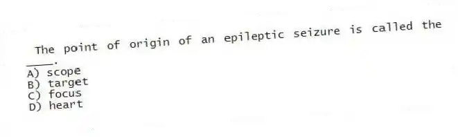 The point of origin of an epileptic seizure is called the ____.
A) scope
B) target
C) focus
D) heart