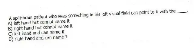 A split-brain patient who sees something in his left visual field can point to it with the ____.
A) left hand but cannot name it
B) right hand but cannot name it
C) left hand and can name it
D) right hand and can name it