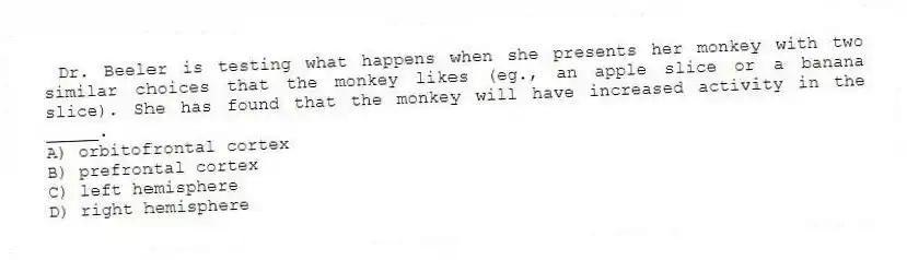 Dr. Beeler is testing what happens when she presents her monkey with two similar choices that the monkey likes (eg., an apple slice or a banana slice). She has found that the monkey will have increased activity in the _____.
A) orbitofrontal cortex
B) prefrontal cortex
C) left hemisphere
D) right hemisphere