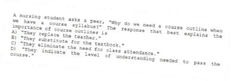 A nursing student asks a peer, "Why do we need a course outline when we have a course syllabus?" The response that best explains the importance of course outlines is
A) "They replace the teacher."
B) "They substitute for the textbook."
C) "They eliminate the need for class attendance."
D) "They indicate the level of understanding needed to pass the course."