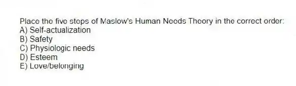 Place the five steps of Maslow's Human Needs Theory in the correct order:
A) Self-actualization
B) Safety
C) Physiologic needs
D) Esteem
E) Love/belonging