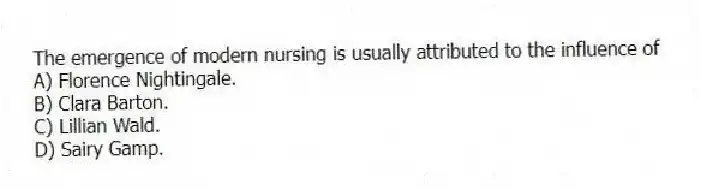 The emergence of modern nursing is usually attributed to the influence of
A) Florence Nightingale.
B) Clara Barton.
C) Lillian Wald.
D) Sairy Gamp.