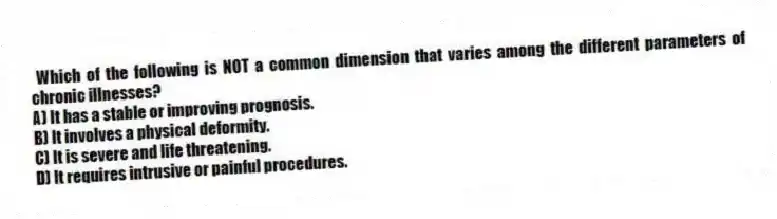 Which of the following is NOT a common dimension that varies among the different parameters of chronic illnesses?
A) It has a stable or improving prognosis.
B) It involves a physical deformity.
C) It is severe and life threatening.
D) It requires intrusive or painful procedures.