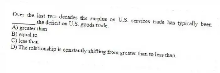 Over the last two decades the surplus on U.S. services trade has typically been ________ the deficit on U.S. goods trade.
A) greater than
B) equal to
C) less than
D) The relationship is constantly shifting from greater than to less than.