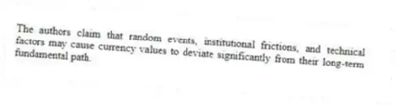 The authors claim that random events, institutional frictions, and technical factors may cause currency values to deviate significantly from their long-term fundamental path.