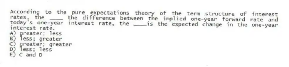 According to the pure expectations theory of the term structure of interest rates, the ____ the difference between the implied one-year forward rate and today's one-year interest rate, the ____is the expected change in the one-year interest rate.
A) greater; less
B) less; greater
C) greater; greater
D) less; less
E) C and D