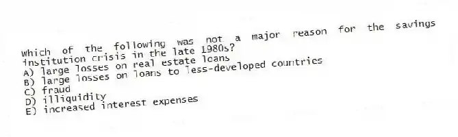 Which of the following was not a major reason for the savings institution crisis in the late 1980s?
A) large losses on real estate loans
B) large losses on loans to less-developed countries
C) fraud
D) illiquidity
E) increased interest expenses