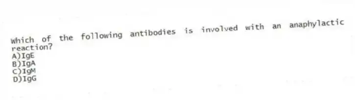 Which of the following antibodies is involved with an anaphylactic reaction?
A)IgE
B)IgA
C)IgM
D)IgG