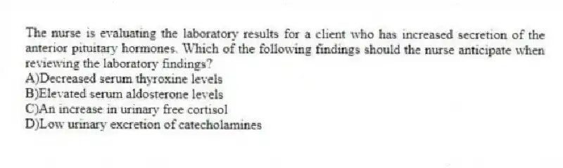 The nurse is evaluating the laboratory results for a client who has increased secretion of the anterior pituitary hormones. Which of the following findings should the nurse anticipate when reviewing the laboratory findings?
A)Decreased serum thyroxine levels
B)Elevated serum aldosterone levels
C)An increase in urinary free cortisol
D)Low urinary excretion of catecholamines