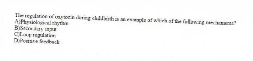 The regulation of oxytocin during childbirth is an example of which of the following mechanisms?
A)Physiological rhythm
B)Secondary input
C)Loop regulation
D)Positive feedback