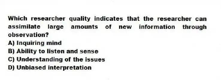 Which researcher quality indicates that the researcher can assimilate large amounts of new information through observation?
A) Inquiring mind
B) Ability to listen and sense
C) Understanding of the issues
D) Unbiased interpretation