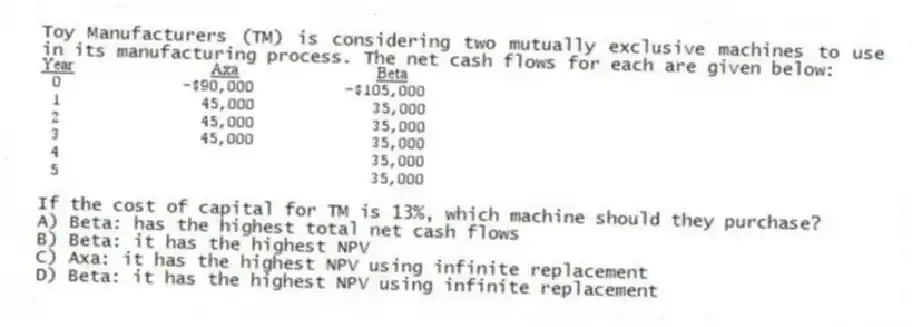 Toy Manufacturers (TM) is considering two mutually exclusive machines to use in its manufacturing process. The net cash flows for each are given below:
If the cost of capital for TM is 13%, which machine should they purchase?
A) Beta: has the highest total net cash flows
B) Beta: it has the highest NPV
C) Axa: it has the highest NPV using infinite replacement
D) Beta: it has the highest NPV using infinite replacement