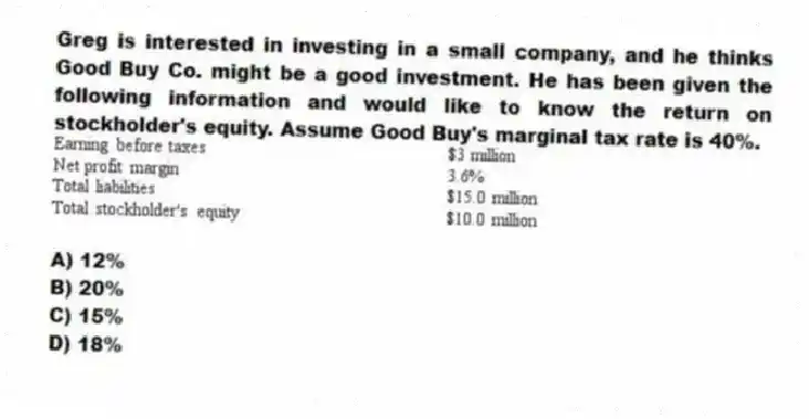 Greg is interested in investing in a small company, and he thinks Good Buy Co. might be a good investment. He has been given the following information and would like to know the return on stockholder's equity. Assume Good Buy's marginal tax rate is 40%.
A) 12%
B) 20%
C) 15%
D) 18%