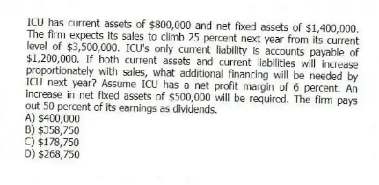 ICU has current assets of $800,000 and net fixed assets of $1,400,000. The firm expects its sales to climb 25 percent next year from its current level of $3,500,000. ICU's only current liability is accounts payable of $1,200,000. If both current assets and current liabilities will increase proportionately with sales, what additional financing will be needed by ICU next year? Assume ICU has a net profit margin of 6 percent. An increase in net fixed assets of $500,000 will be required. The firm pays out 50 percent of its earnings as dividends.
A) $400,000
B) $358,750
C) $178,750
D) $268,750