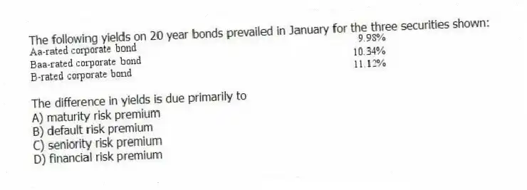 The following yields on 20 year bonds prevailed in January for the three securities shown: 
The difference in yields is due primarily to
A) maturity risk premium 
B) default risk premium 
C) seniority risk premium 
D) financial risk premium
