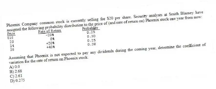 Phoenix Company common stock is currently selling for $20 per share. Security analysts at Smith Blarney have assigned the following probability distribution to the price of (and rate of return on) Phoenix stock one year from now:
Assuming that Phoenix is not expected to pay any dividends during the coming year, determine the coefficient of variation for the rate of return on Phoenix stock.
A) 0.0
B) 2.68
C) 2.61
D) 0.275