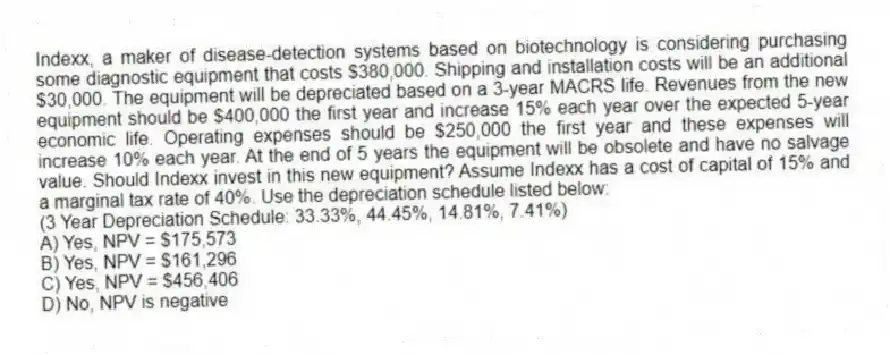 Indexx, a maker of disease-detection systems based on biotechnology is considering purchasing some diagnostic equipment that costs $380,000. Shipping and installation costs will be an additional $30,000. The equipment will be depreciated based on a 3-year MACRS life. Revenues from the new equipment should be $400,000 the first year and increase 15% each year over the expected 5-year economic life. Operating expenses should be $250,000 the first year and these expenses will increase 10% each year. At the end of 5 years the equipment will be obsolete and have no salvage value. Should Indexx invest in this new equipment? Assume Indexx has a cost of capital of 15% and a marginal tax rate of 40%. Use the depreciation schedule listed below:
(3 Year Depreciation Schedule: 33.33%, 44.45%, 14.81%, 7.41%)
A) Yes, NPV = $175,573
B) Yes, NPV = $161,296
C) Yes, NPV = $456,406
D) No, NPV is negative