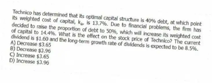 Technico has determined that its optimal capital structure is 40% debt, at which point its weighted cost of capital, k<sub>a</sub>, is 13.7%. Due to financial problems, the firm has decided to raise the proportion of debt to 50%, which will increase its weighted cost of capital to 14.4%. What is the effect on the stock price of Technico? The current dividend is $1.60 and the long-term growth rate of dividends is expected to be 8.5%.
A) Decrease $3.65
B) Decrease $3.96
C) Increase $3.65
D) Increase $3.96
