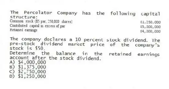 The Percolator Company has the following capital structure:
The company declares a 10 percent stock dividend. The pre-stock dividend market price of the company's stock is $50.
-Determine the balance in the retained earnings account after the stock dividend.
A) $4,000,000
B) $1,375,000
C) $2,750,000
D) $1,250,000