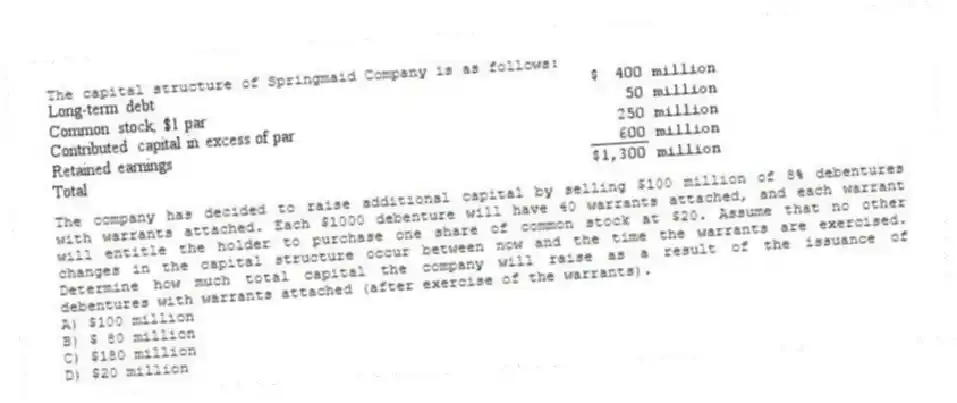 The capital structure of Springmaid Company is as follows:
The company has decided to raise additional capital by selling $100 million of 8% debentures with warrants attached. Each $1000 debenture will have 40 warrants attached, and each warrant will entitle the holder to purchase one share of common stock at $20. Assume that no other changes in the capital structure occur between now and the time the warrants are exercised. Determine how much total capital the company will raise as a result of the issuance of debentures with warrants attached (after exercise of the warrants).
A) $100 million
B) $ 80 million
C) $180 million
D) $20 million