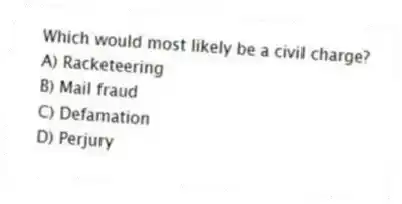 Which would most likely be a civil charge?
A) Racketeering
B) Mail fraud
C) Defamation
D) Perjury
