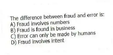 The difference between fraud and error is:
A) Fraud involves numbers
B) Fraud is found in business
C) Error can only be made by humans
D) Fraud involves intent