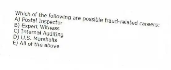 Which of the following are possible fraud-related careers:
A) Postal Inspector
B) Expert Witness
C) Internal Auditing
D) U.S. Marshalls
E) All of the above