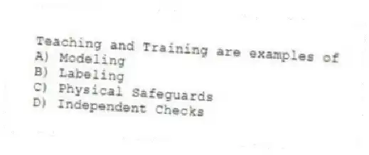 Teaching and Training are examples of
A) Modeling
B) Labeling
C) Physical Safeguards
D) Independent Checks