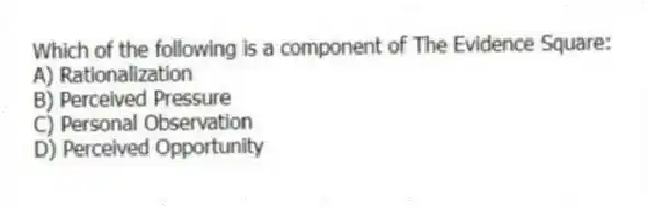 Which of the following is a component of The Evidence Square:
A) Rationalization
B) Perceived Pressure
C) Personal Observation
D) Perceived Opportunity