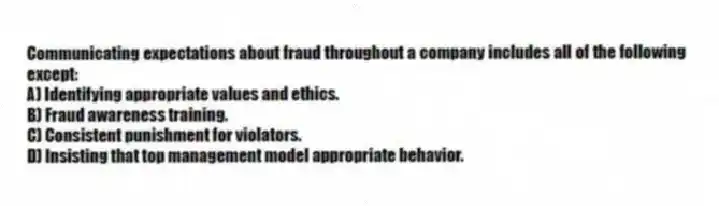 Communicating expectations about fraud throughout a company includes all of the following except:
A) Identifying appropriate values and ethics.
B) Fraud awareness training.
C) Consistent punishment for violators.
D) Insisting that top management model appropriate behavior.