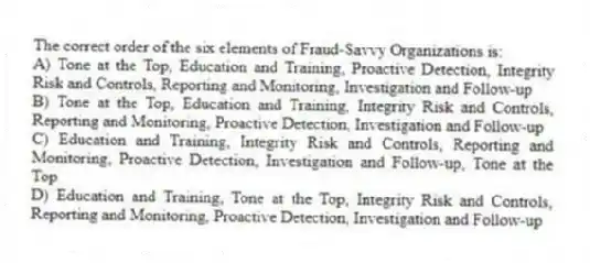 The correct order of the six elements of Fraud-Savvy Organizations is:
A) Tone at the Top, Education and Training, Proactive Detection, Integrity Risk and Controls, Reporting and Monitoring, Investigation and Follow-up
B) Tone at the Top, Education and Training, Integrity Risk and Controls, Reporting and Monitoring, Proactive Detection, Investigation and Follow-up
C) Education and Training, Integrity Risk and Controls, Reporting and Monitoring, Proactive Detection, Investigation and Follow-up, Tone at the Top
D) Education and Training, Tone at the Top, Integrity Risk and Controls, Reporting and Monitoring, Proactive Detection, Investigation and Follow-up