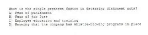 What is the single greatest factor in deterring dishonest acts?
A) Fear of punishment
B) Fear of job loss
C) Employee education and training
D) Knowing that the company has whistle-blowing programs in place