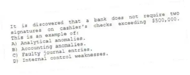 It is discovered that a bank does not require two signatures on cashier's checks exceeding $500,000. This is an example of:
A) Analytical anomalies.
B) Accounting anomalies.
C) Faulty journal entries.
D) Internal control weaknesses.