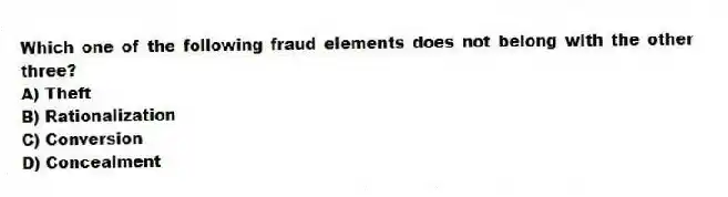Which one of the following fraud elements does not belong with the other three?
A) Theft
B) Rationalization
C) Conversion
D) Concealment