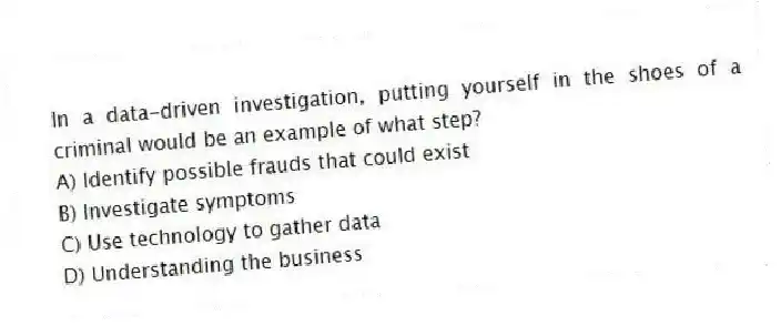 In a data-driven investigation, putting yourself in the shoes of a criminal would be an example of what step?
A) Identify possible frauds that could exist
B) Investigate symptoms
C) Use technology to gather data
D) Understanding the business