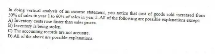 In doing vertical analysis of an income statement, you notice that cost of goods sold increased from 50% of sales in year 1 to 60% of sales in year 2. All of the following are possible explanations except:
A) Inventory costs rose faster than sales prices.
B) Inventory is being stolen.
C) The accounting records are not accurate.
D) All of the above are possible explanations.