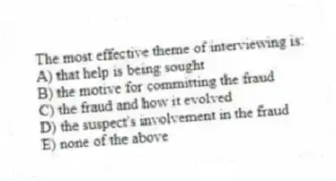 The most effective theme of interviewing is:
A) that help is being sought
B) the motive for committing the fraud
C) the fraud and how it evolved
D) the suspect's involvement in the fraud
E) none of the above