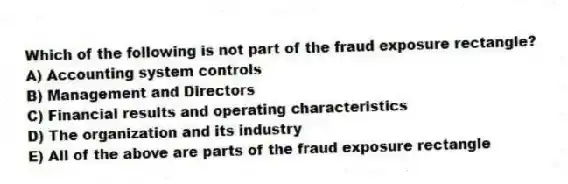 Which of the following is not part of the fraud exposure rectangle?
A) Accounting system controls
B) Management and Directors
C) Financial results and operating characteristics
D) The organization and its industry
E) All of the above are parts of the fraud exposure rectangle