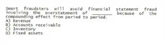 Smart fraudsters will avoid financial statement fraud involving the overstatement of ________ because of the compounding effect from period to period.
A) Revenue
B) Accounts receivable
C) Inventory
D) Fixed assets