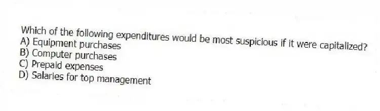 Which of the following expenditures would be most suspicious if it were capitalized?
A) Equipment purchases
B) Computer purchases
C) Prepaid expenses
D) Salaries for top management