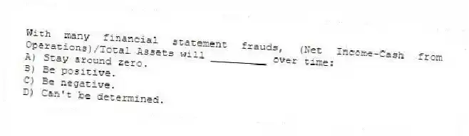 With many financial statement frauds, (Net Income-Cash from Operations)/Total Assets will _________ over time:
A) Stay around zero.
B) Be positive.
C) Be negative.
D) Can't be determined.
