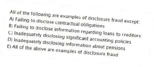 All of the following are examples of disclosure fraud except:
A) Failing to disclose contractual obligations
B) Failing to disclose information regarding loans to creditors
C) Inadequately disclosing significant accounting policies
D) Inadequately disclosing information about pensions
E) All of the above are examples of disclosure fraud