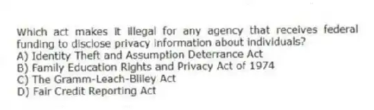 Which act makes it illegal for any agency that receives federal funding to disclose privacy information about individuals?
A) Identity Theft and Assumption Deterrance Act
B) Family Education Rights and Privacy Act of 1974
C) The Gramm-Leach-Bliley Act
D) Fair Credit Reporting Act