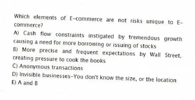 Which elements of E-commerce are not risks unique to E-commerce?
A) Cash flow constraints instigated by tremendous growth causing a need for more borrowing or issuing of stocks
B) More precise and frequent expectations by Wall Street, creating pressure to cook the books
C) Anonymous transactions
D) Invisible businesses-You don't know the size, or the location
E) A and B