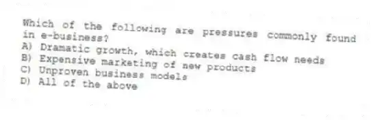 Which of the following are pressures commonly found in e-business?
A) Dramatic growth, which creates cash flow needs
B) Expensive marketing of new products
C) Unproven business models
D) All of the above