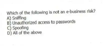 Which of the following is not an e-business risk?
A) Sniffing
B) Unauthorized access to passwords
C) Spoofing
D) All of the above