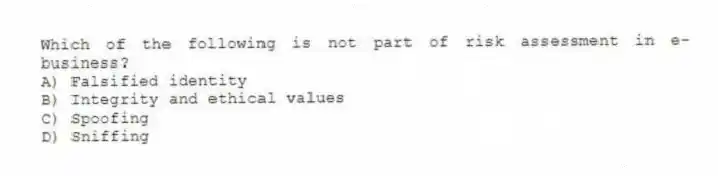 Which of the following is not part of risk assessment in e-business?
A) Falsified identity
B) Integrity and ethical values
C) Spoofing
D) Sniffing