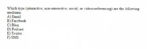 Which type (interactive; non-interactive; social; or videoconferencing) are the following mediums:
A) Email
B) Facebook
C) Blog
D) Podcast
E) Twitter
F) SMS