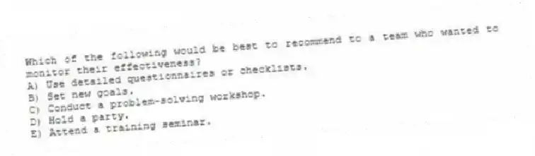 Which of the following would be best to recommend to a team who wanted to monitor their effectiveness?
A) Use detailed questionnaires or checklists.
B) Set new goals.
C) Conduct a problem-solving workshop.
D) Hold a party.
E) Attend a training seminar.