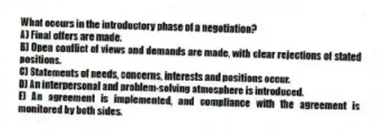 What occurs in the introductory phase of a negotiation?
A) Final offers are made.
B) Open conflict of views and demands are made, with clear rejections of stated positions.
C) Statements of needs, concerns, interests and positions occur.
D) An interpersonal and problem-solving atmosphere is introduced.
E) An agreement is implemented, and compliance with the agreement is monitored by both sides.